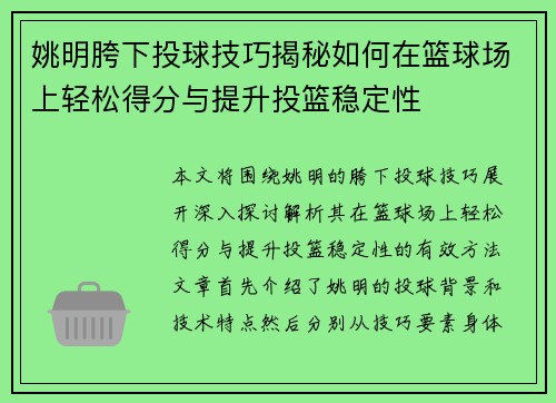 姚明胯下投球技巧揭秘如何在篮球场上轻松得分与提升投篮稳定性